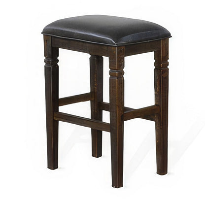 Benjara Flint Barstool, Set of 2, Backless, Plush Black Vinyl Seat, Dark Brown Mahogany