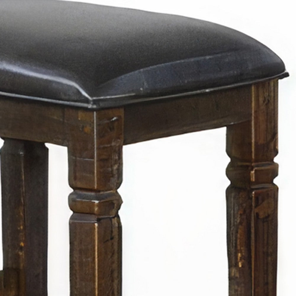 Benjara Flint Barstool, Set of 2, Backless, Plush Black Vinyl Seat, Dark Brown Mahogany