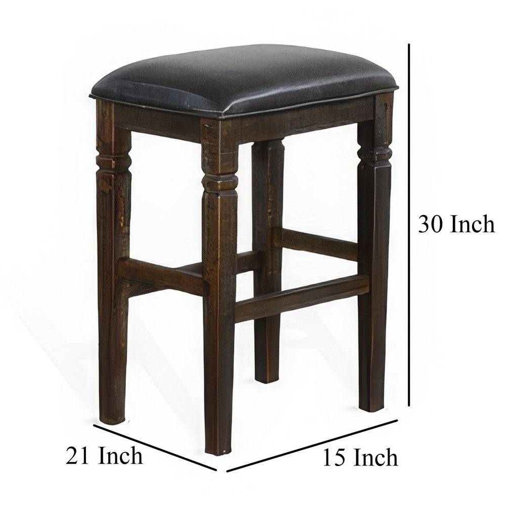 Benjara Flint Barstool, Set of 2, Backless, Plush Black Vinyl Seat, Dark Brown Mahogany