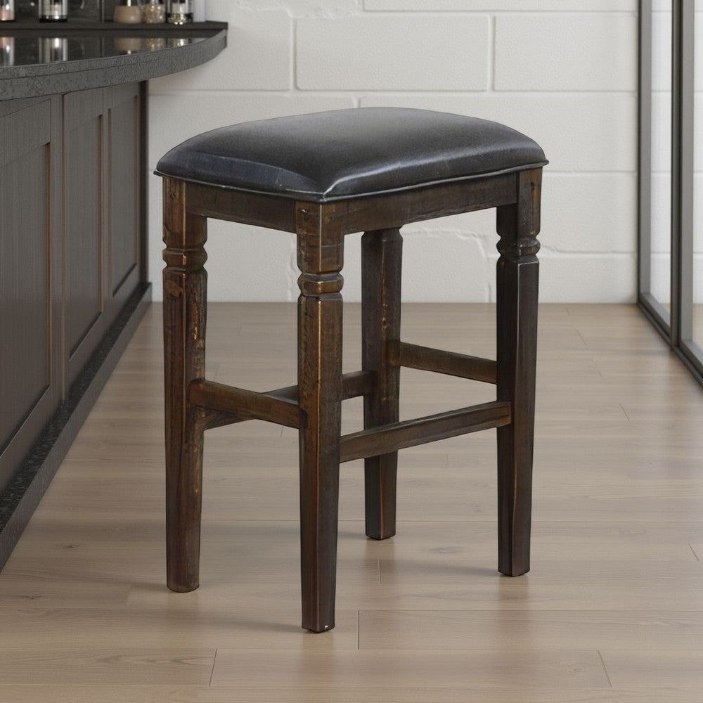 Benjara Flint Barstool, Set of 2, Backless, Plush Black Vinyl Seat, Dark Brown Mahogany