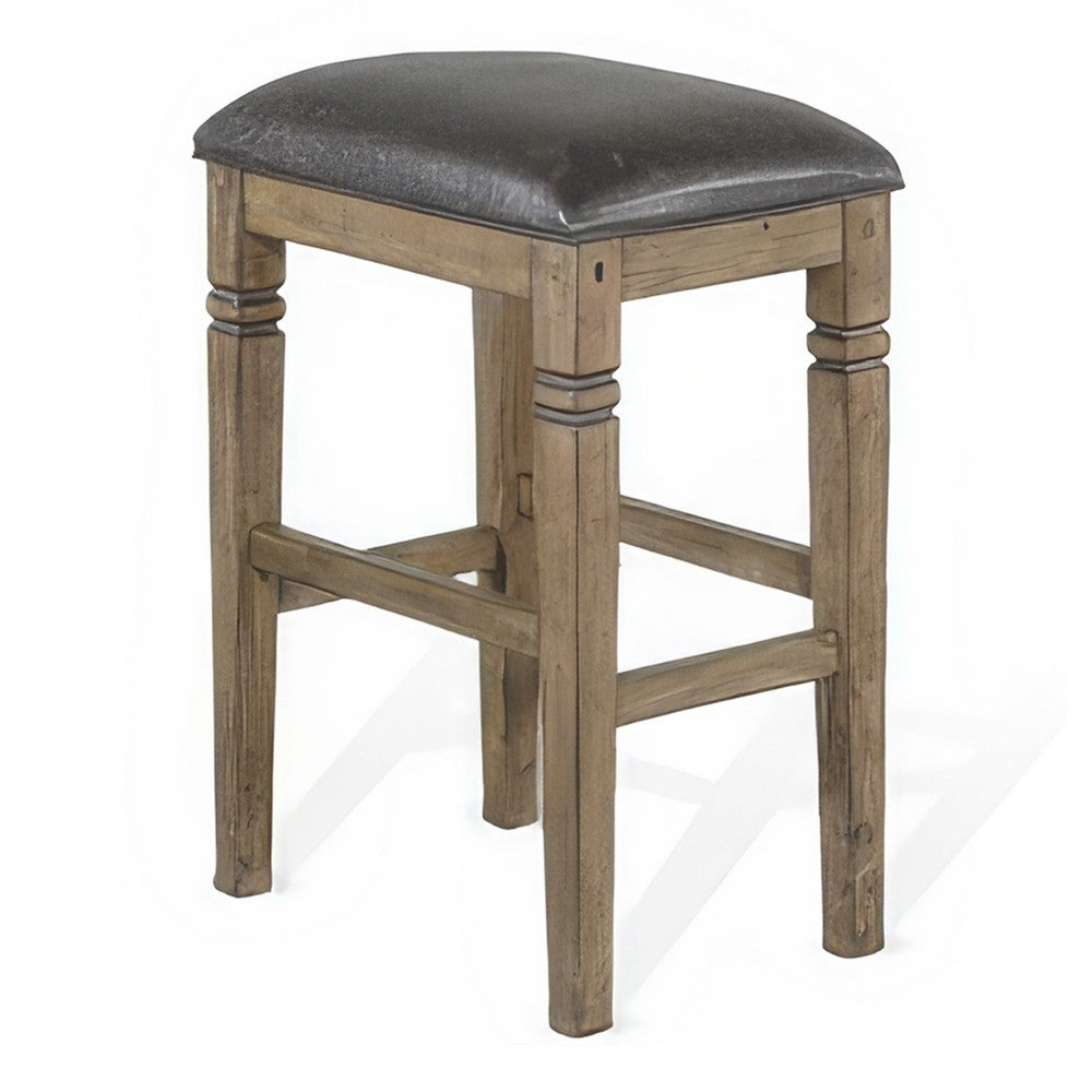 Benjara Yael Barstool, Set of 2, Black Faux Leather Cushioned, Taupe MahoganyWood