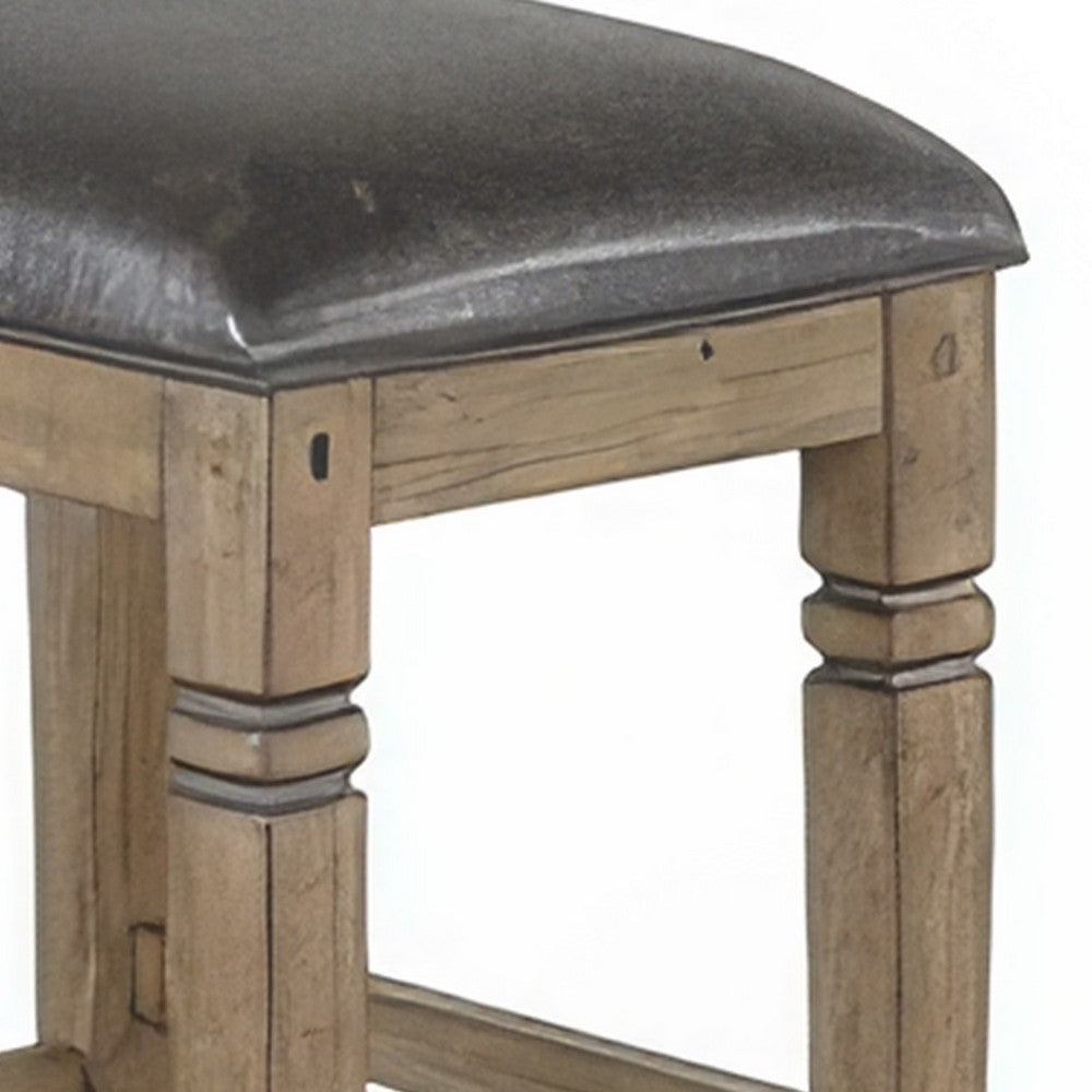 Benjara Yael Barstool, Set of 2, Black Faux Leather Cushioned, Taupe MahoganyWood