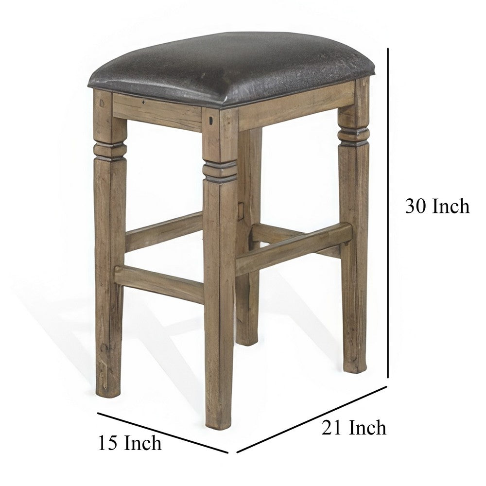 Benjara Yael Barstool, Set of 2, Black Faux Leather Cushioned, Taupe MahoganyWood