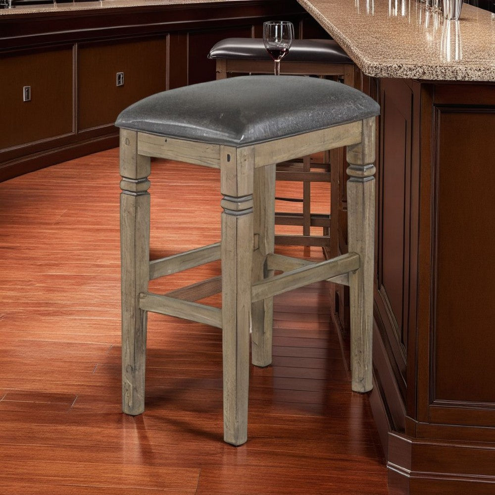 Benjara Yael Barstool, Set of 2, Black Faux Leather Cushioned, Taupe MahoganyWood
