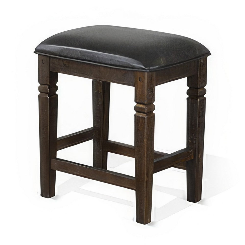 Benjara Flint Counter Stool, Set of 2, Black Faux Leather, Dark Brown Mahogany Wood