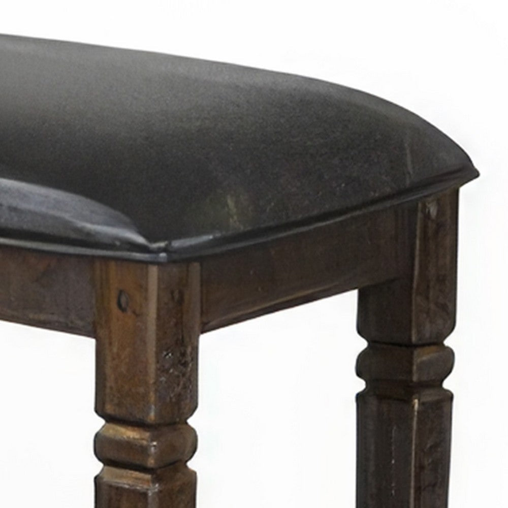 Benjara Flint Counter Stool, Set of 2, Black Faux Leather, Dark Brown Mahogany Wood