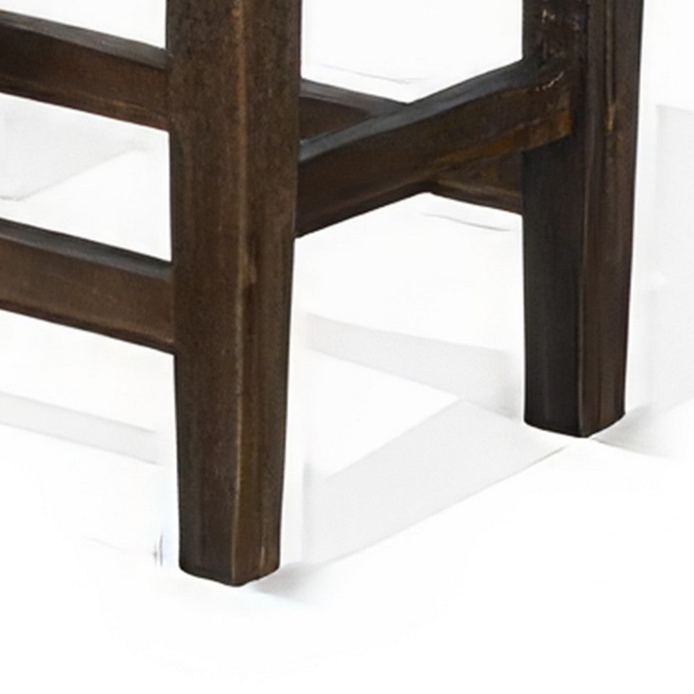 Benjara Flint Counter Stool, Set of 2, Black Faux Leather, Dark Brown Mahogany Wood
