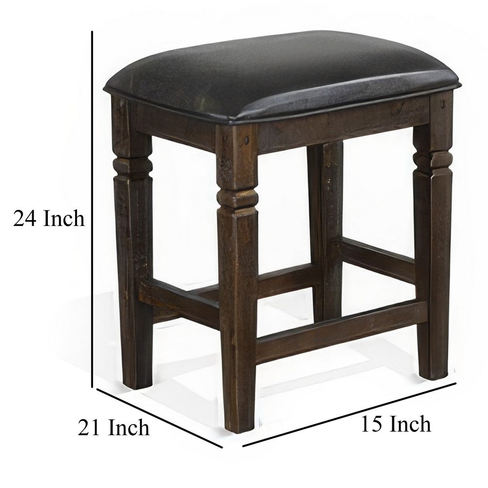 Benjara Flint Counter Stool, Set of 2, Black Faux Leather, Dark Brown Mahogany Wood