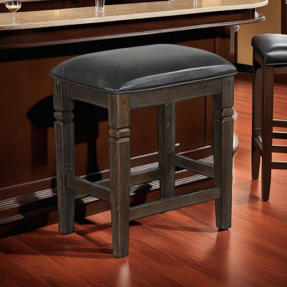 Benjara Flint Counter Stool, Set of 2, Black Faux Leather, Dark Brown Mahogany Wood