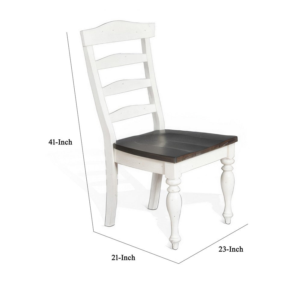 Benjara Orso Set of 2 Dining Chairs, Ladderback Design, White And Dark Brown Mindi Wood