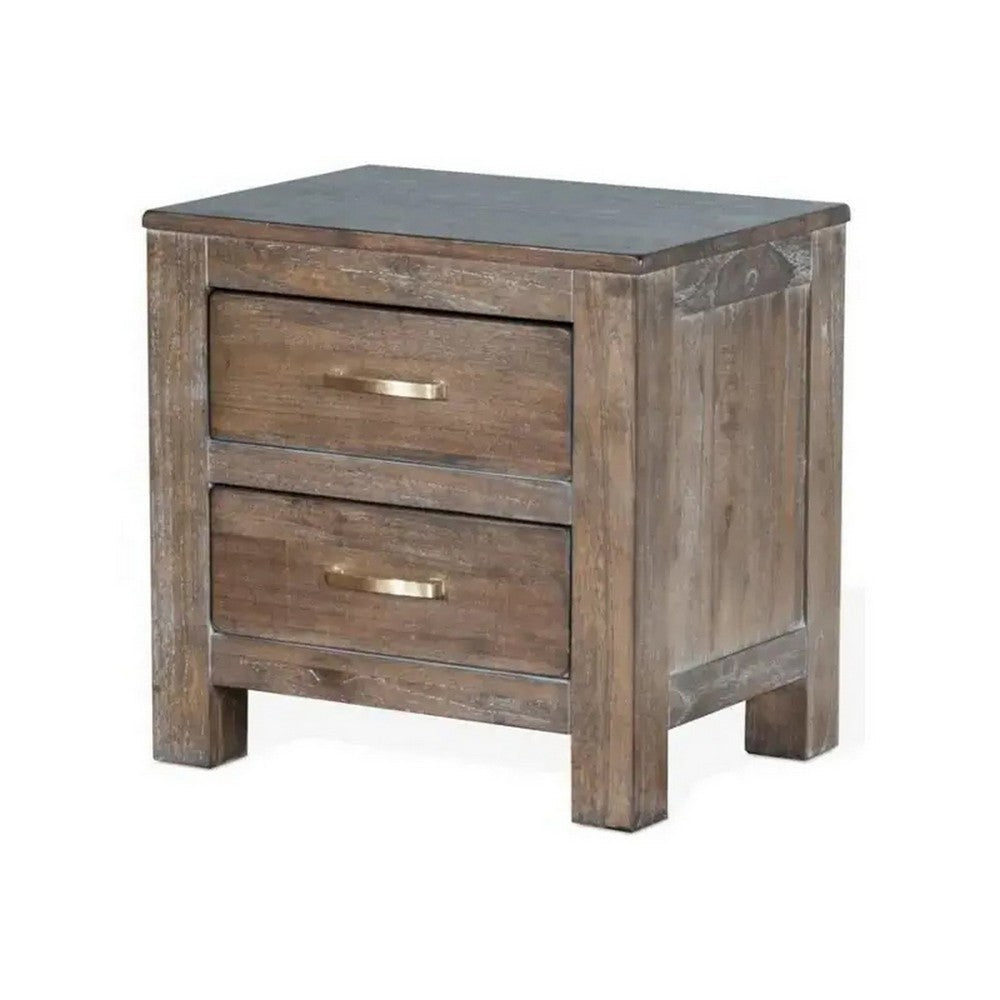 Benjara Remi Nightstand, 2 Drawers, Metal Handles, Rustic Light Brown