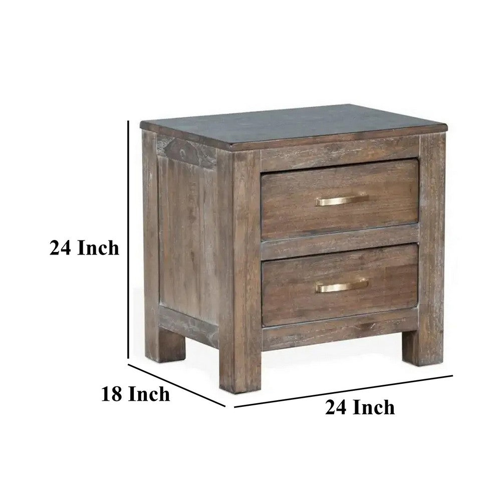 Benjara Remi Nightstand, 2 Drawers, Metal Handles, Rustic Light Brown