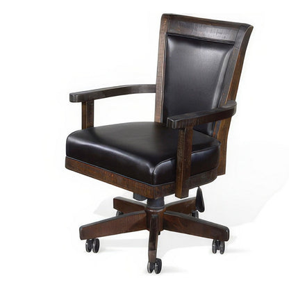 Benjara Flint Rolling Swivel Game Chair, Black Faux Leather, Dark Brown Wood