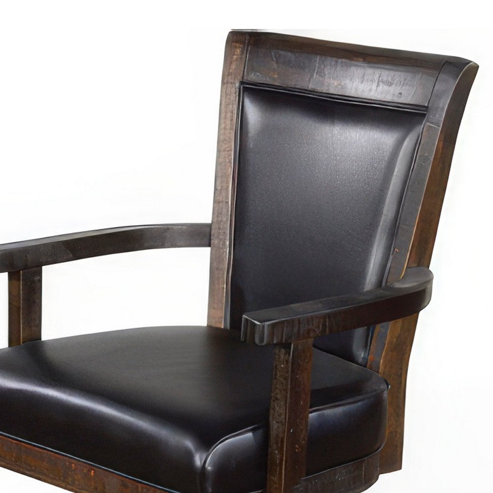 Benjara Flint Rolling Swivel Game Chair, Black Faux Leather, Dark Brown Wood