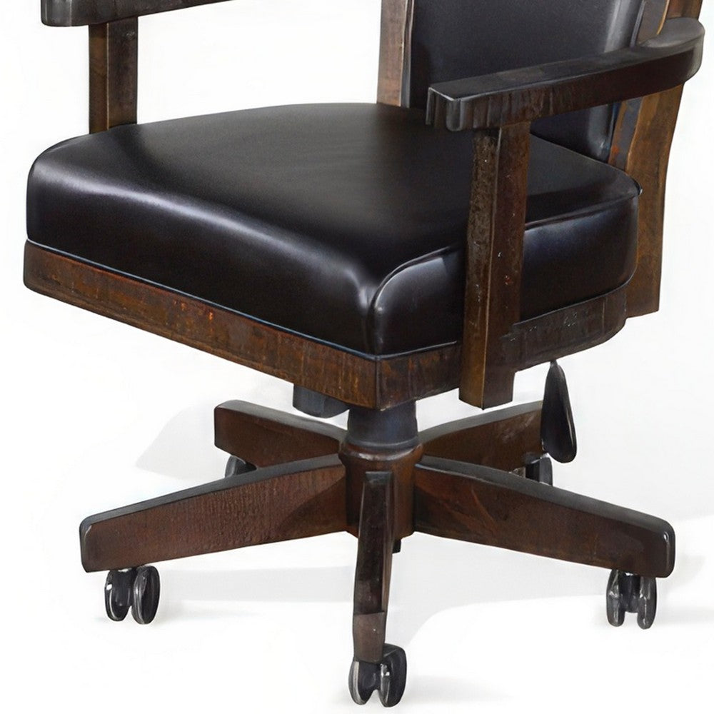 Benjara Flint Rolling Swivel Game Chair, Black Faux Leather, Dark Brown Wood