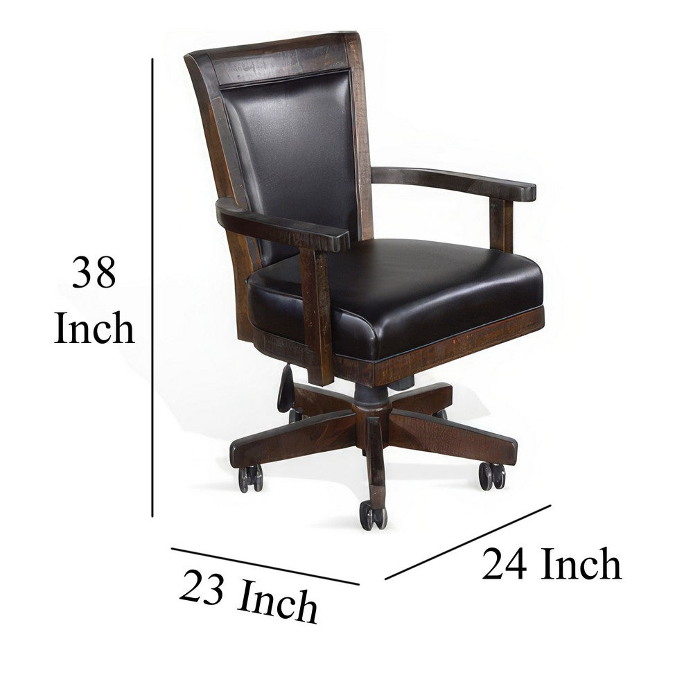 Benjara Flint Rolling Swivel Game Chair, Black Faux Leather, Dark Brown Wood