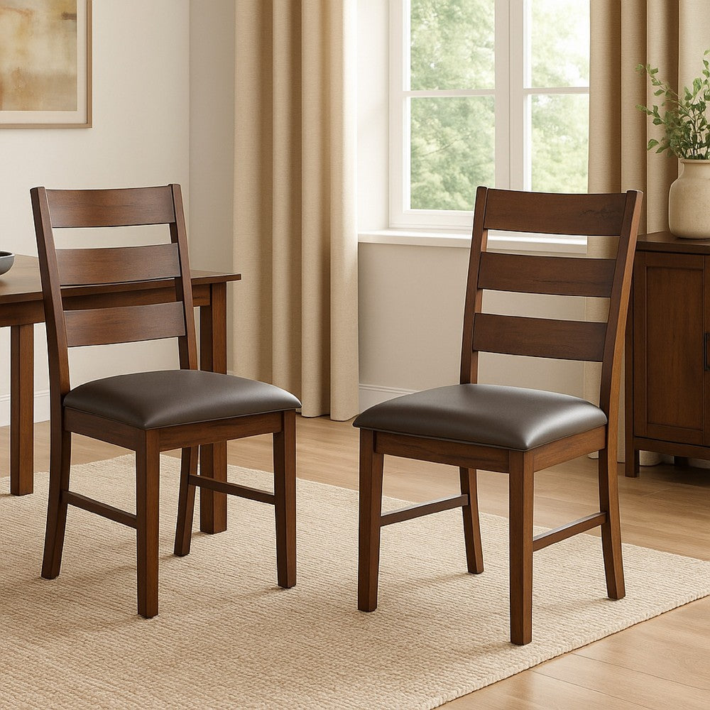 Benjara Reggie Dining Chair Set of 2, Ladderback, Dark Gray Faux Leather Brown