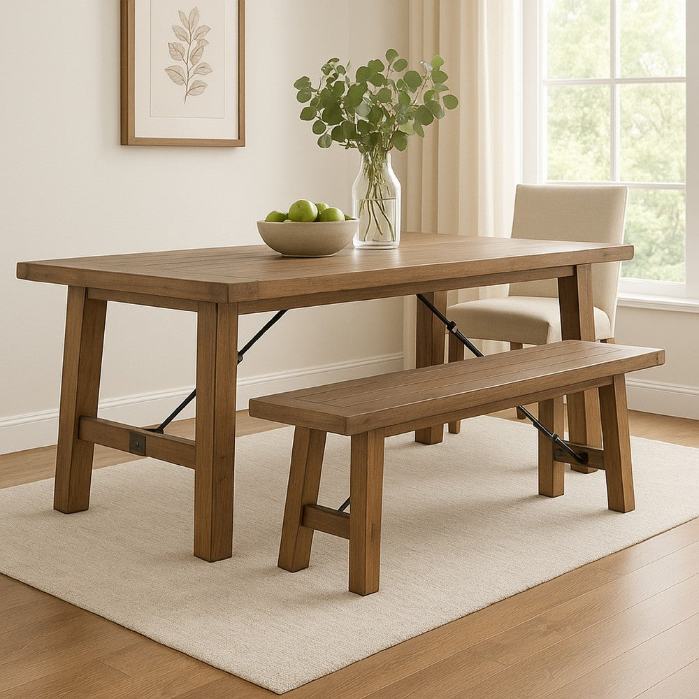 Benjara Yael Bench, 72 Inch Light Brown Mindi And Mahogany, Turnbuckle Accents