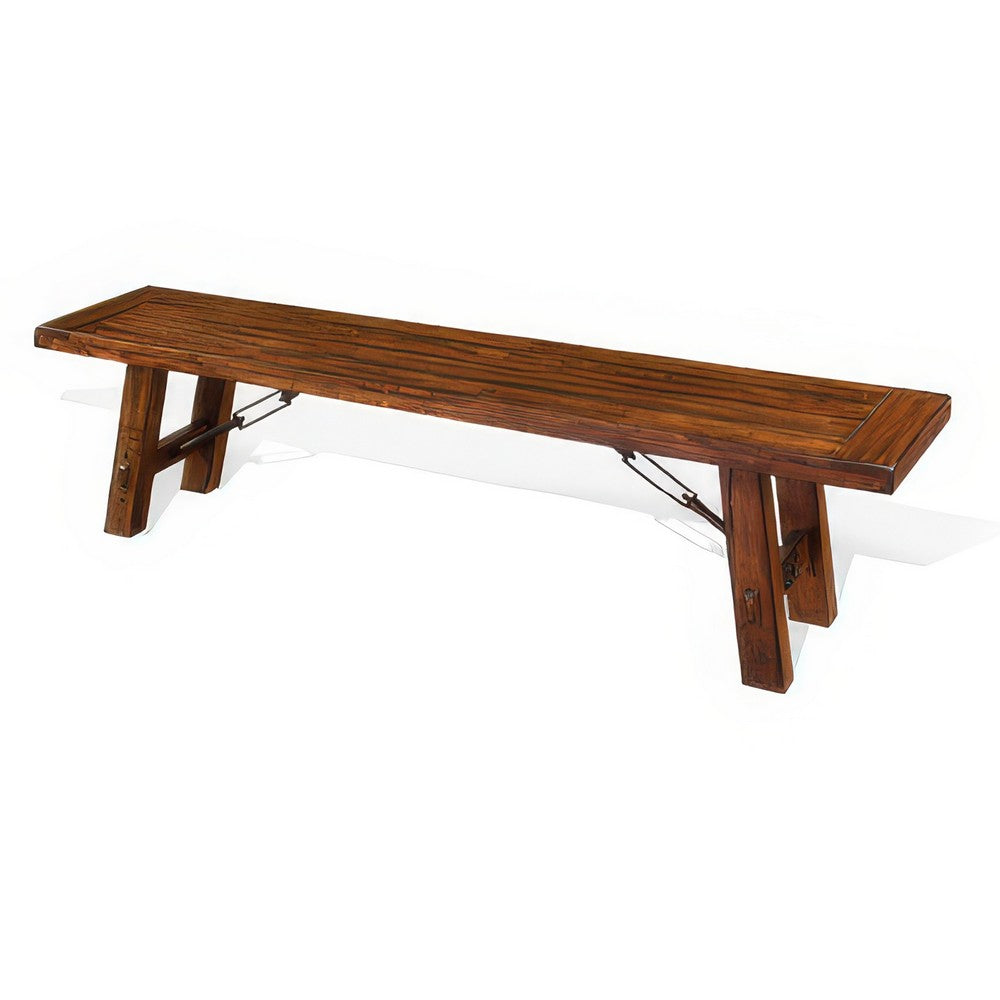 Benjara Reggie Bench, 72 Inch Brown Mahogany Wood, Metal Turnbuckle Accents