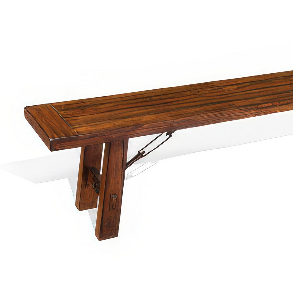 Benjara Reggie Bench, 72 Inch Brown Mahogany Wood, Metal Turnbuckle Accents