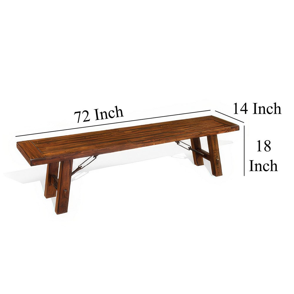 Benjara Reggie Bench, 72 Inch Brown Mahogany Wood, Metal Turnbuckle Accents