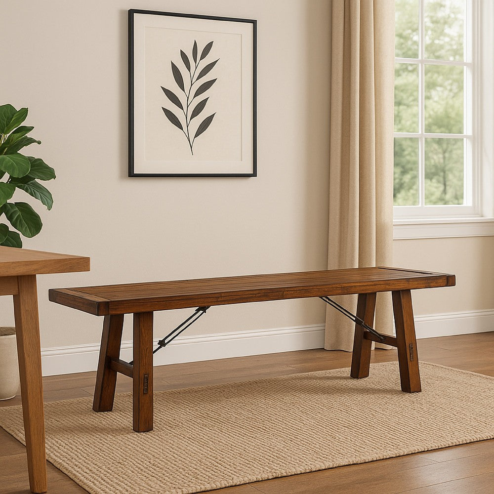 Benjara Reggie Bench, 72 Inch Brown Mahogany Wood, Metal Turnbuckle Accents