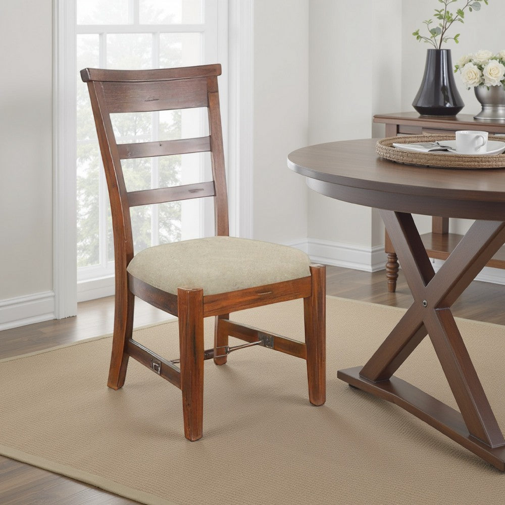 Benjara Reggie Side Dining Chair Set of 2, Ladderback, Beige, Brown Mahogany