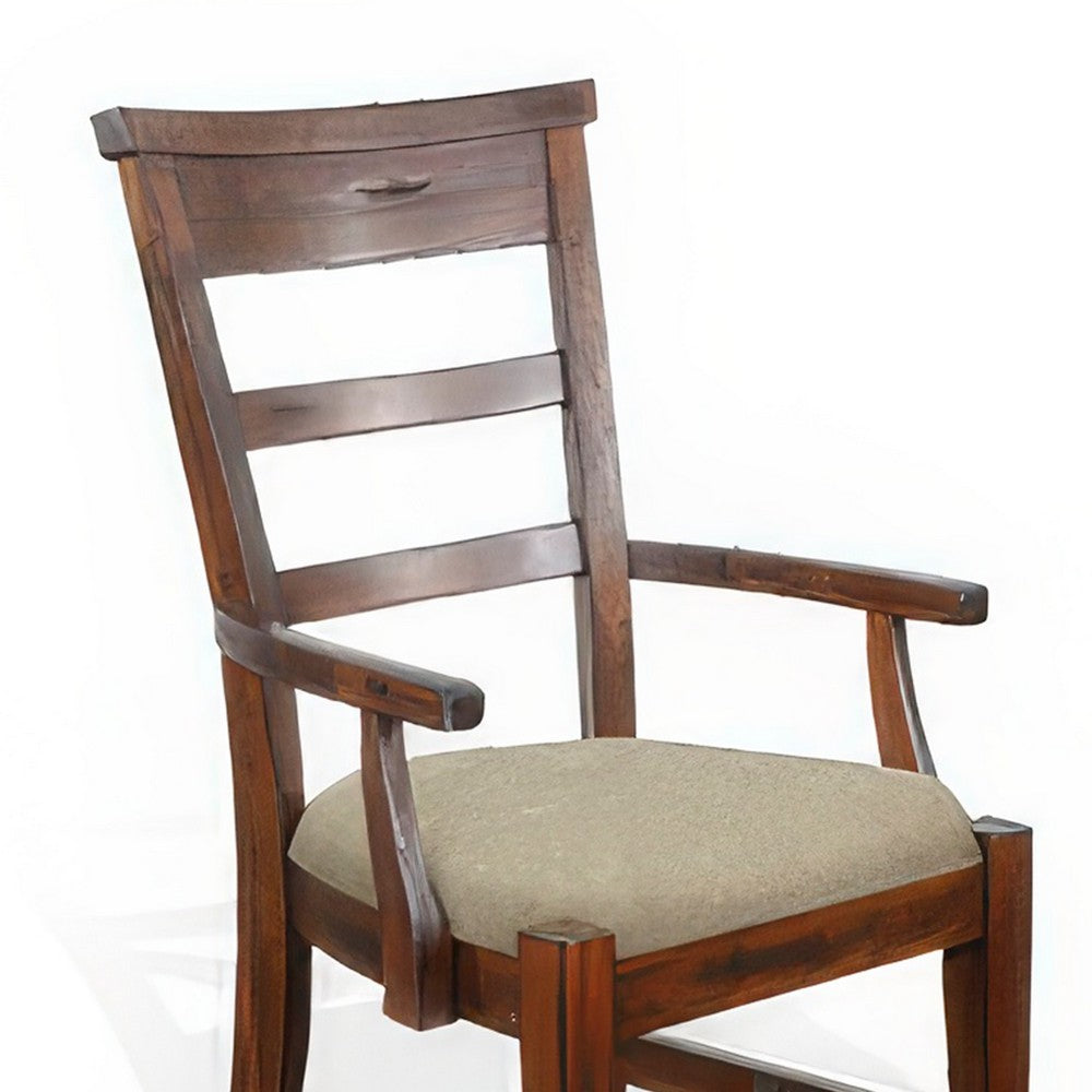 Benjara Reggie Dining Armchair Set of 2, Ladderback Beige, Brown Mahogany Wood