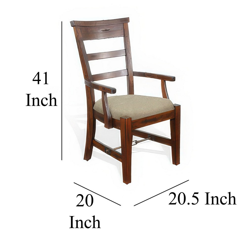 Benjara Reggie Dining Armchair Set of 2, Ladderback Beige, Brown Mahogany Wood