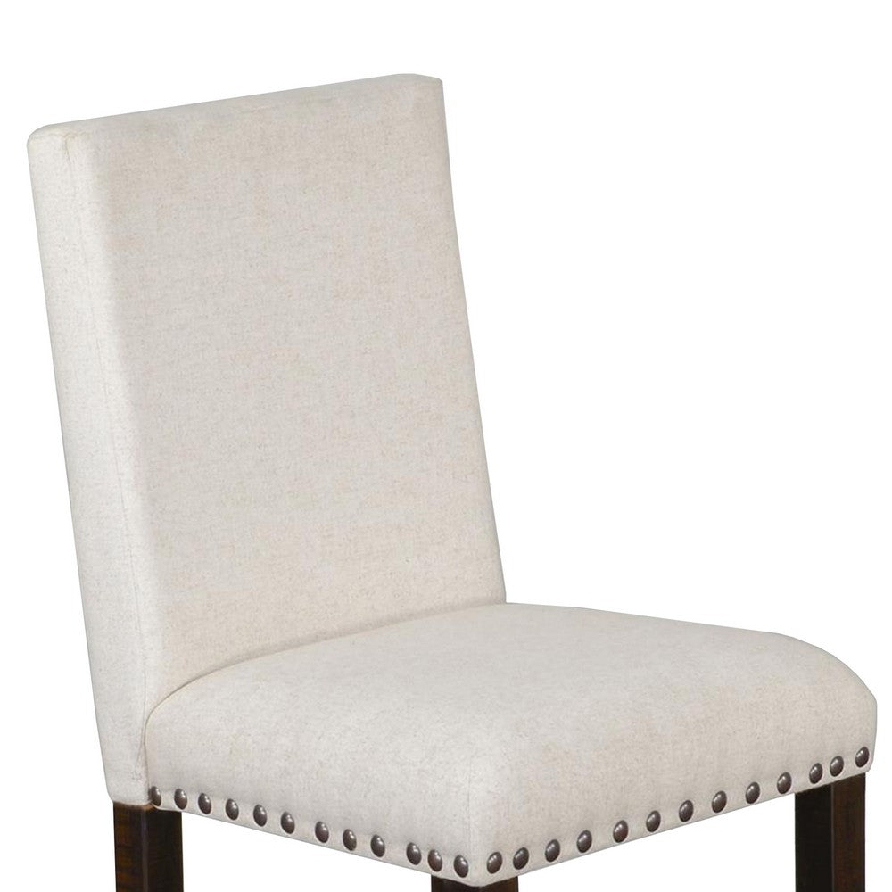 Benjara Anva Dining Chair Set of 2, Ivory, Nailhead Trim, Black Mahogany
