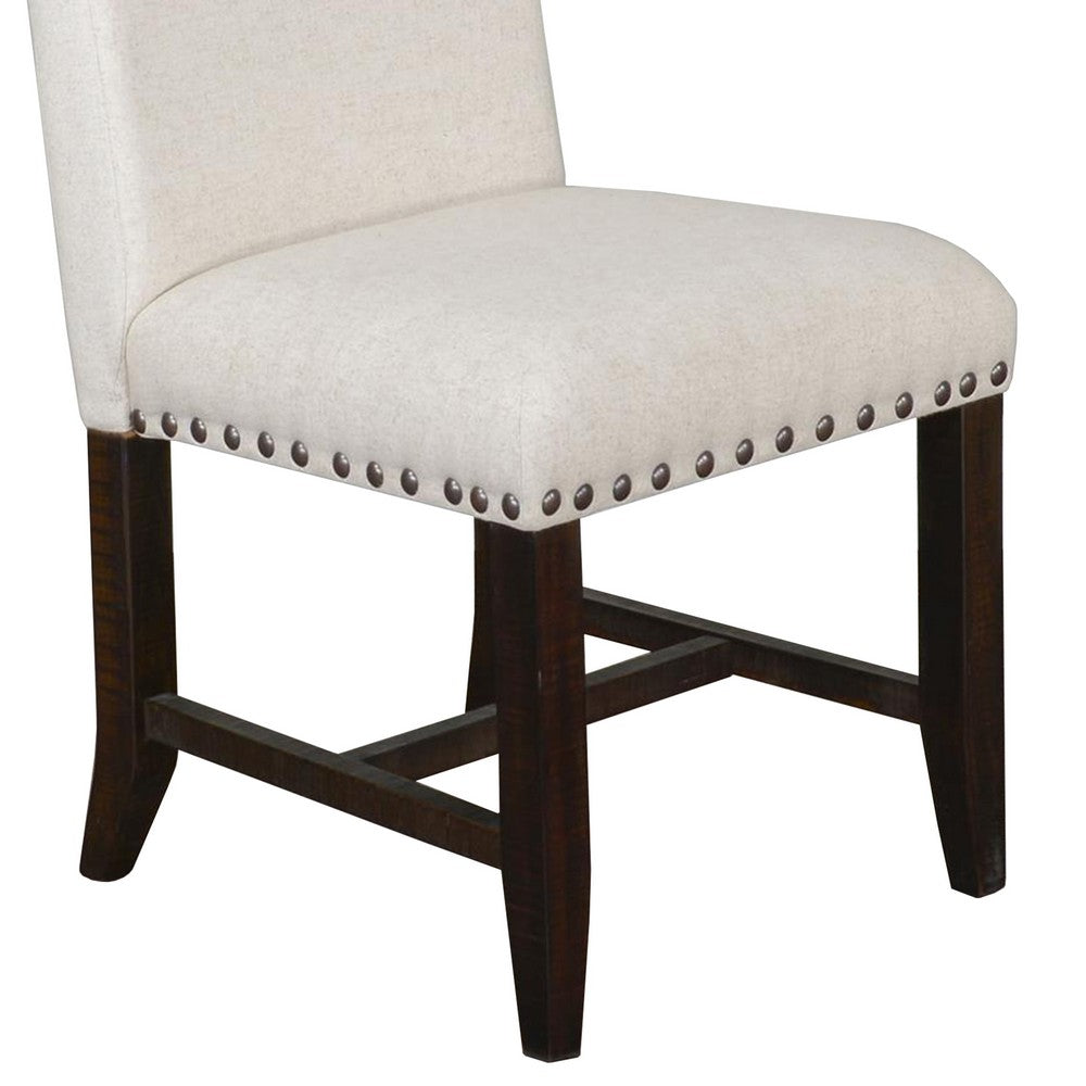 Benjara Anva Dining Chair Set of 2, Ivory, Nailhead Trim, Black Mahogany