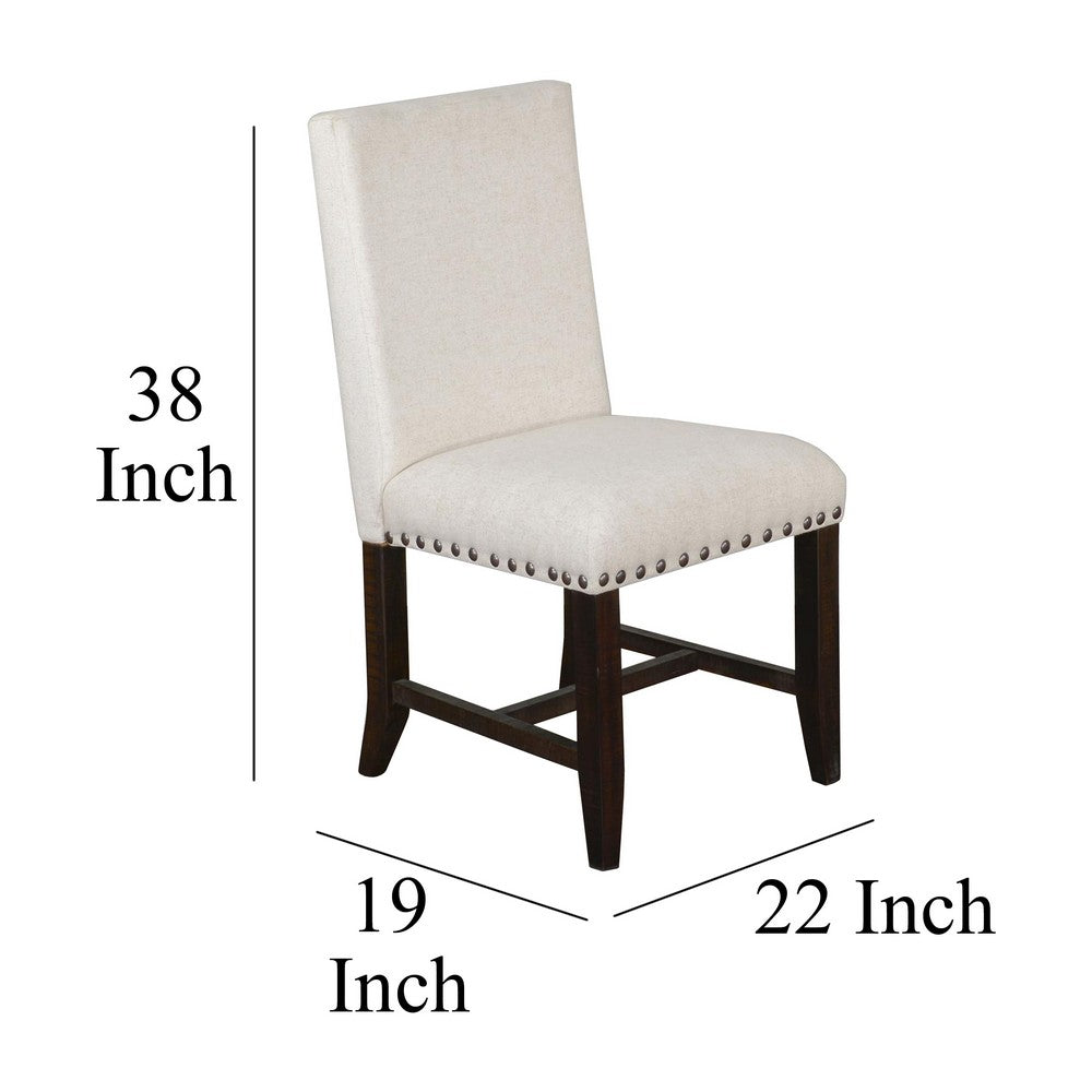 Benjara Anva Dining Chair Set of 2, Ivory, Nailhead Trim, Black Mahogany
