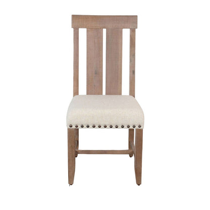 Benjara Anva Dining Chair Set of 2, Slat Back, White Fabric, Dark Brown Wood