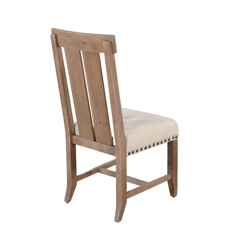 Benjara Anva Dining Chair Set of 2, Slat Back, White Fabric, Dark Brown Wood