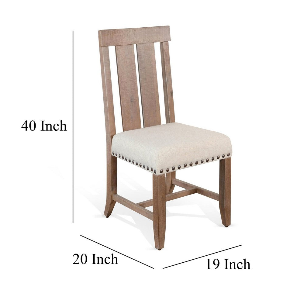 Benjara Anva Dining Chair Set of 2, Slat Back, White Fabric, Dark Brown Wood