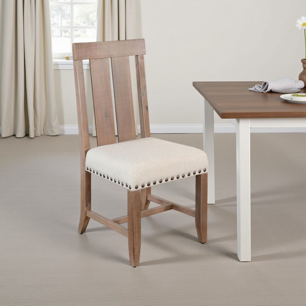 Benjara Anva Dining Chair Set of 2, Slat Back, White Fabric, Dark Brown Wood