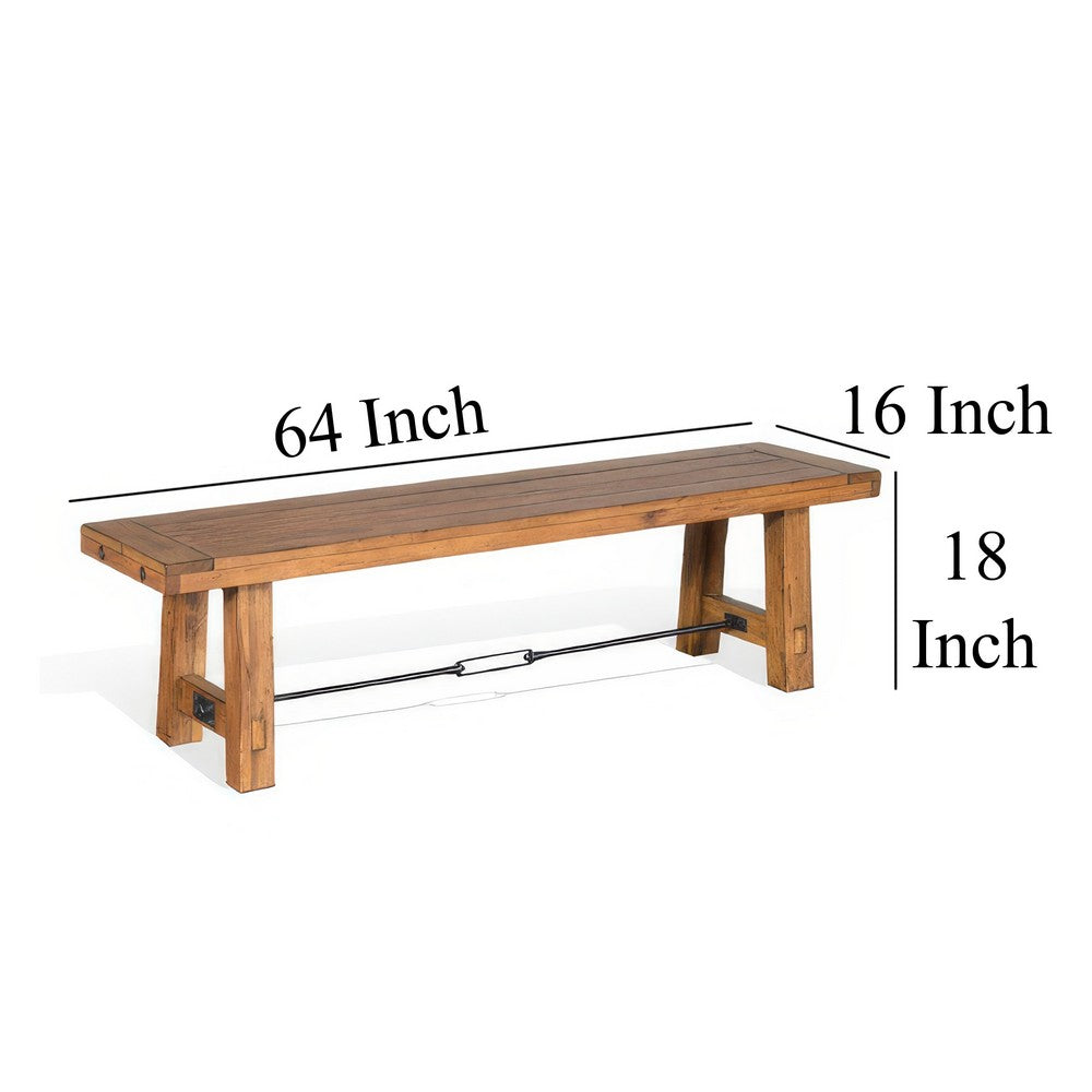 Benjara Jake Dining Bench, Light Brown Mahogany, Turnbuckle Accent, 64 Inch