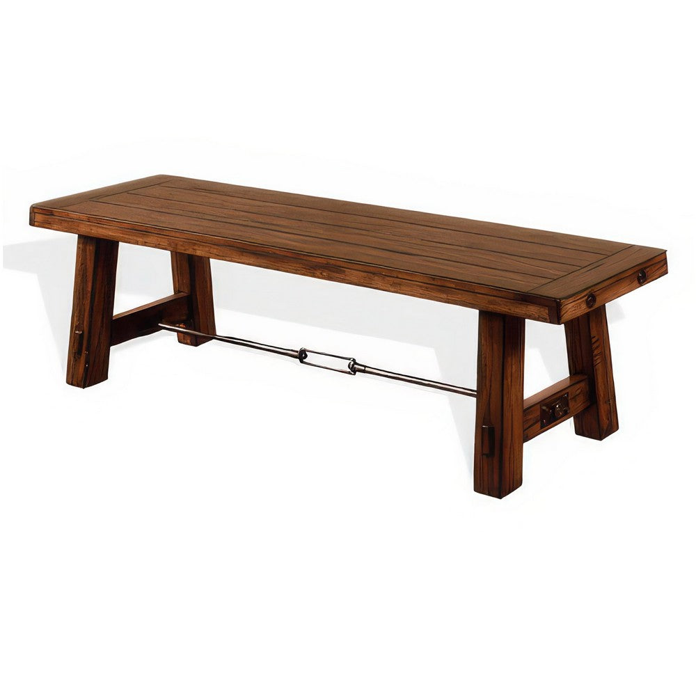 Benjara Reggie Wooden Bench | Rustic Brown Mahogany Wood, Angled Legs | Turnbuckle Accents | 64"