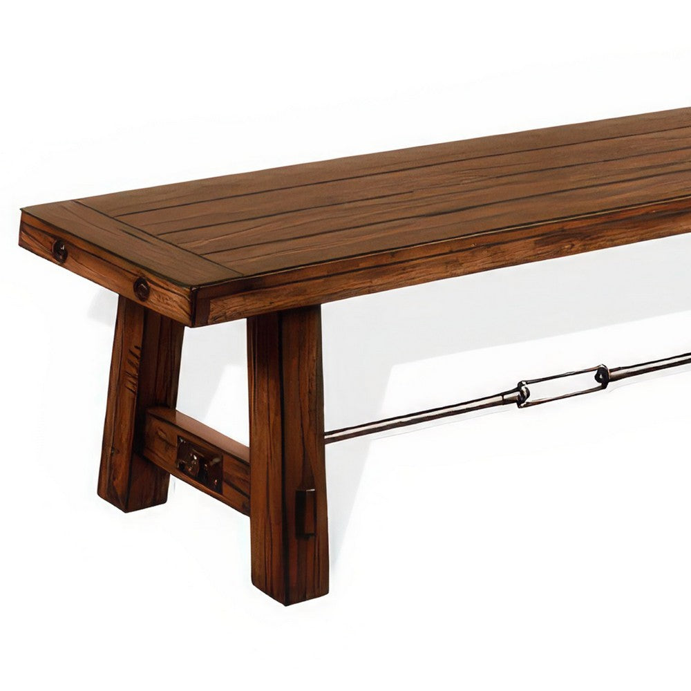 Benjara Reggie Wooden Bench | Rustic Brown Mahogany Wood, Angled Legs | Turnbuckle Accents | 64"