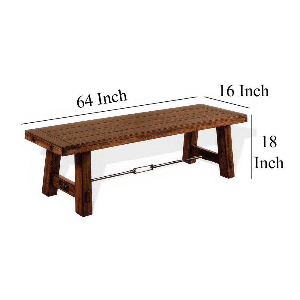 Benjara Reggie Wooden Bench | Rustic Brown Mahogany Wood, Angled Legs | Turnbuckle Accents | 64"