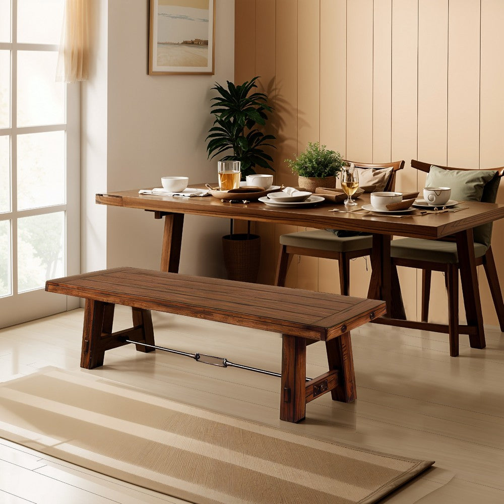 Benjara Reggie Wooden Bench | Rustic Brown Mahogany Wood, Angled Legs | Turnbuckle Accents | 64"