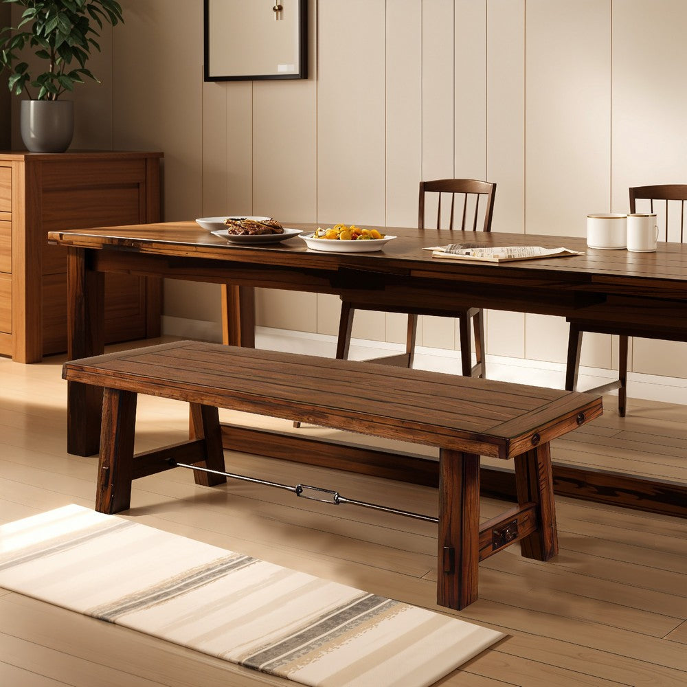 Benjara Reggie Wooden Bench | Rustic Brown Mahogany Wood, Angled Legs | Turnbuckle Accents | 64"