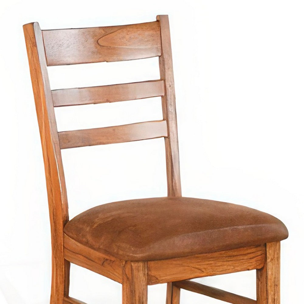 Benjara Marv Dining Chair Set of 2, Ladderback, Saddle Seat, Light Brown Wood