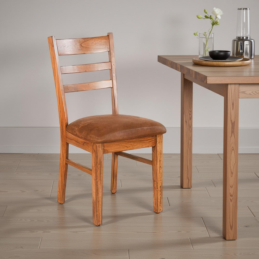 Benjara Marv Dining Chair Set of 2, Ladderback, Saddle Seat, Light Brown Wood