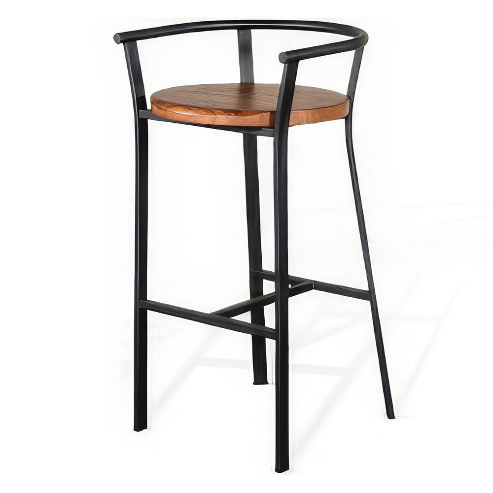 Benjara Flint Barstool Chair Set of 2, Round Seat, Dark Brown Mahogany, Black