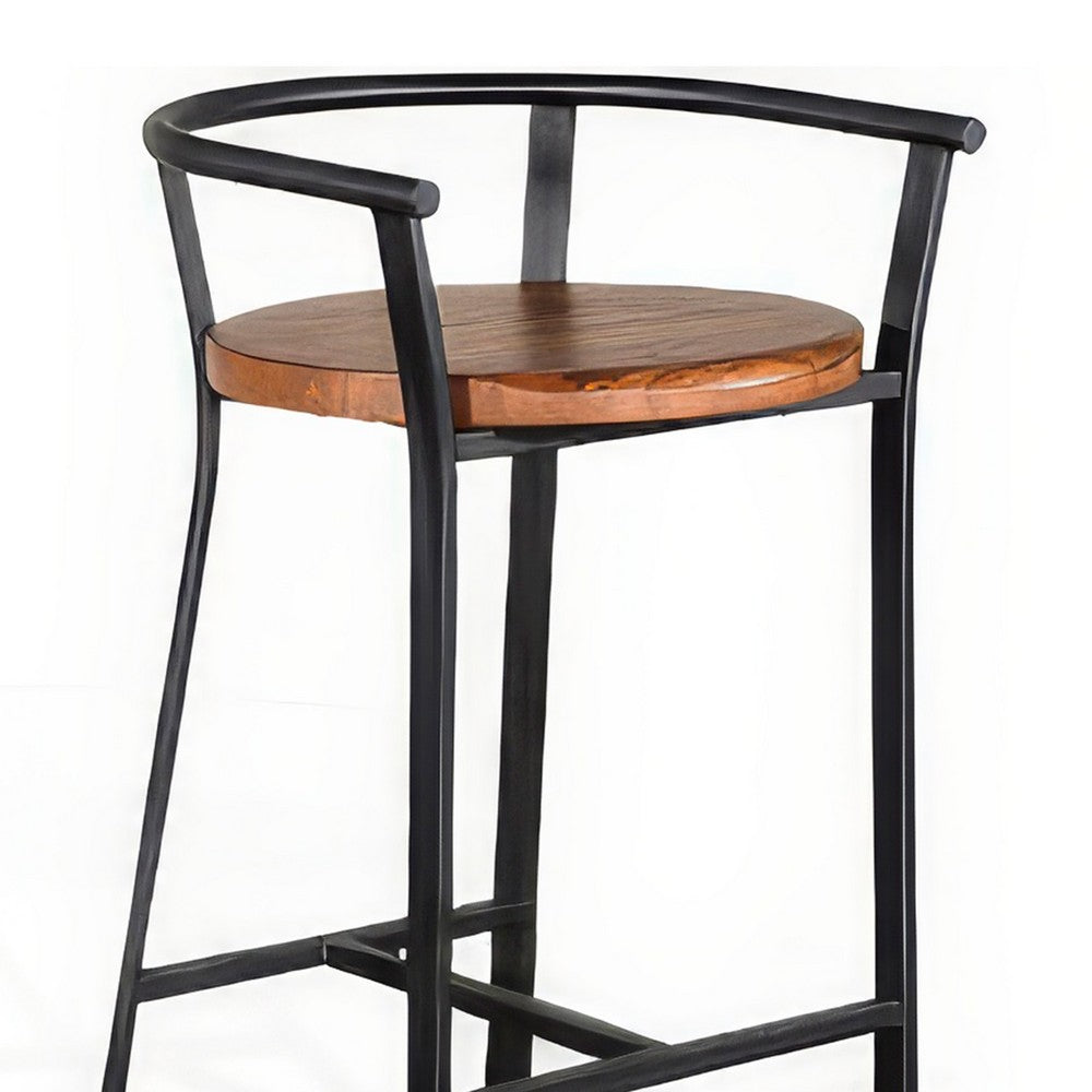 Benjara Flint Barstool Chair Set of 2, Round Seat, Dark Brown Mahogany, Black