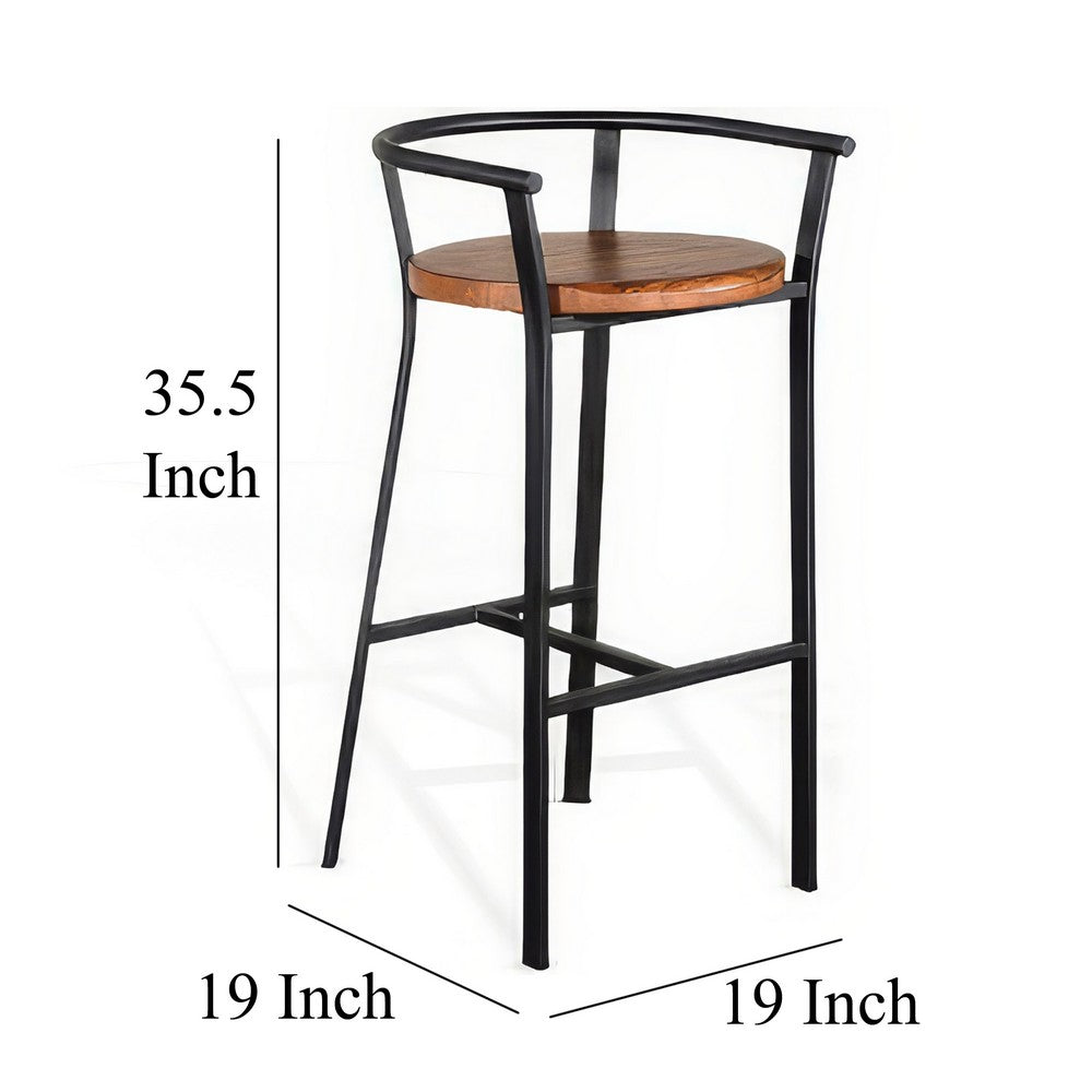 Benjara Flint Barstool Chair Set of 2, Round Seat, Dark Brown Mahogany, Black