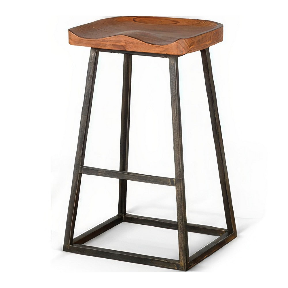 Benjara Marv Barstool Set of 2, Brown Contoured Mahogany Wood, Black Metal