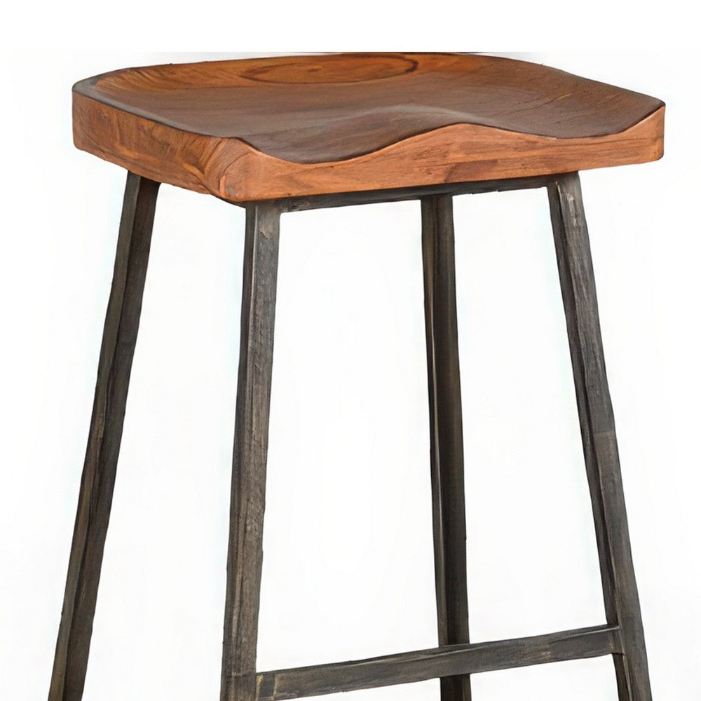 Benjara Marv Barstool Set of 2, Brown Contoured Mahogany Wood, Black Metal