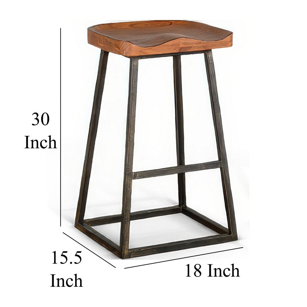 Benjara Marv Barstool Set of 2, Brown Contoured Mahogany Wood, Black Metal